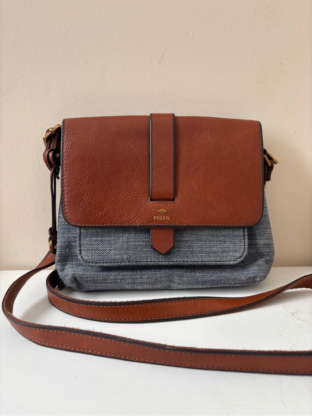 Fossil Brown Leather & Gray Canvas Crossbody Satchel
